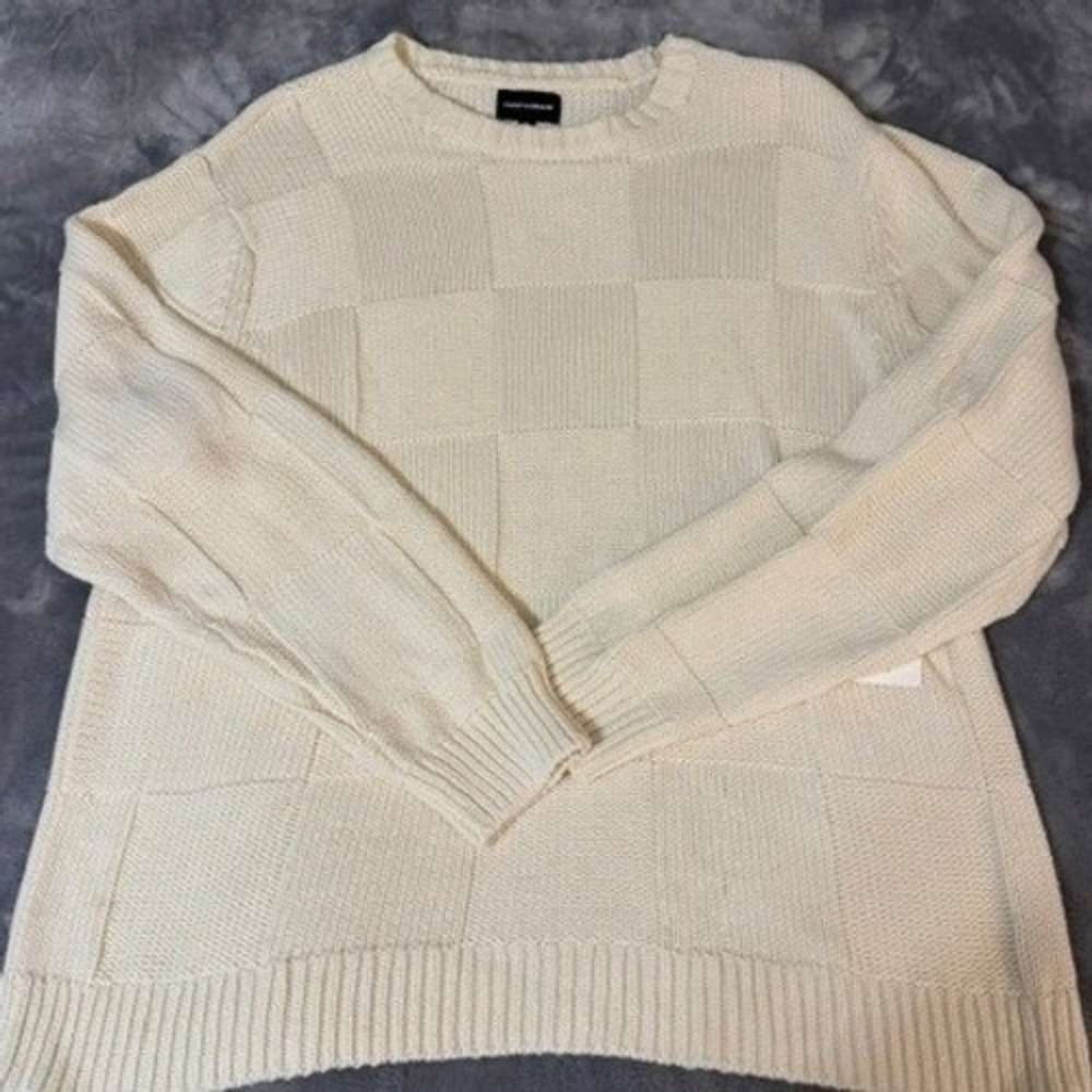 Lucky Brand Mens XXL Cream Checkerboard Textured Knit Crewneck Sweater New